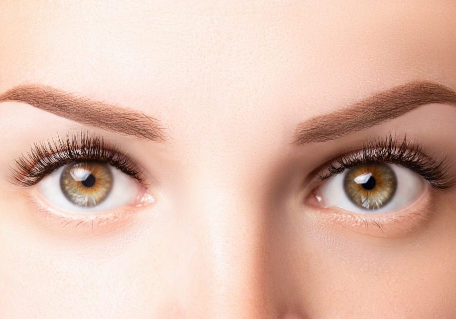 Female eyes with long eyelashes. Classic 1D, 2D eyelash extensions and light brown eyebrow close up. Eyelash extensions, lamination, biowave, microblading concept.